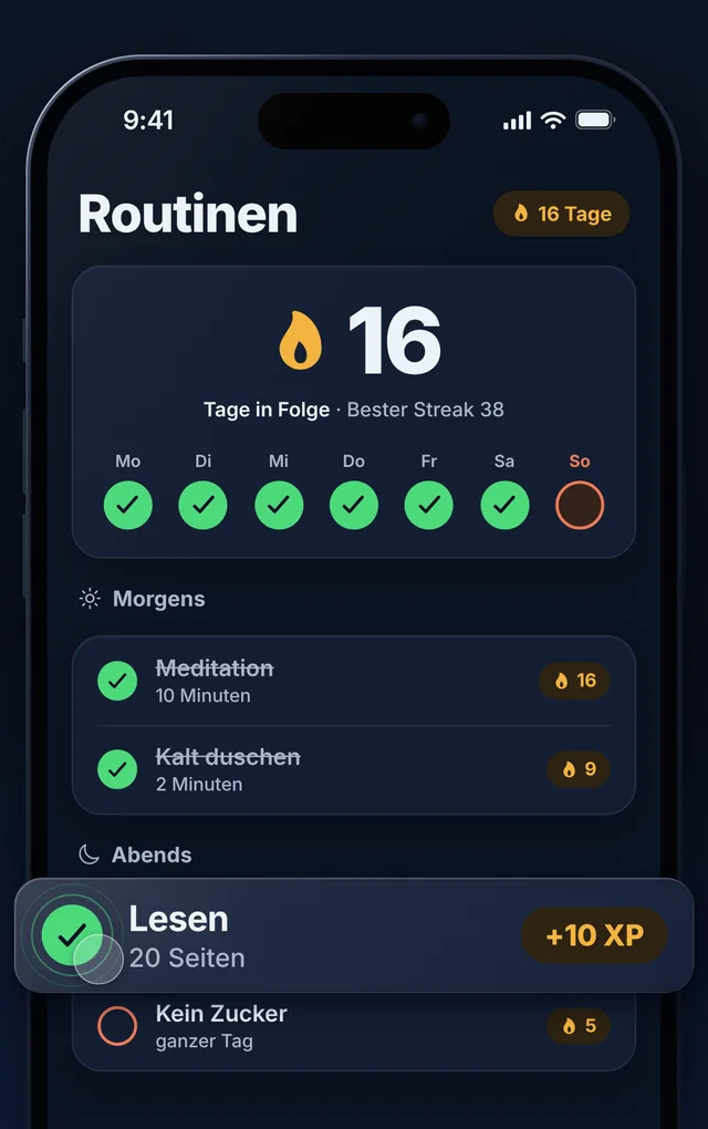 Routinen-Bildschirm mit 16 Tagen in Folge und Wochenansicht
