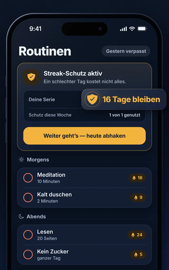 Routinen-Bildschirm mit aktivem Streak-Schutz: 16 Tage bleiben erhalten