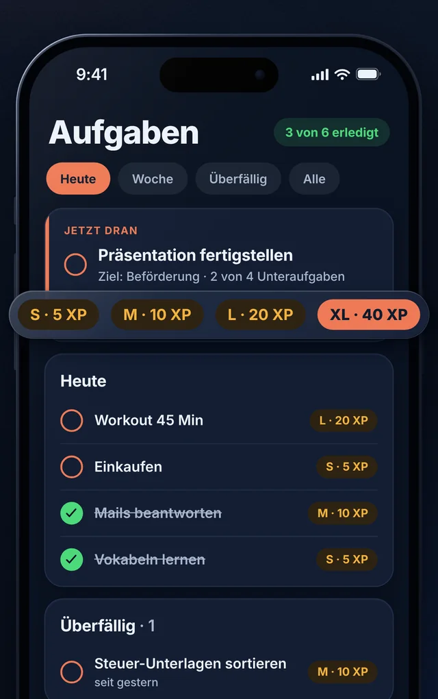 Aufgaben-Bildschirm mit Heute-Fokus, Jetzt-dran-Aufgabe und Aufwandsstufen S bis XL