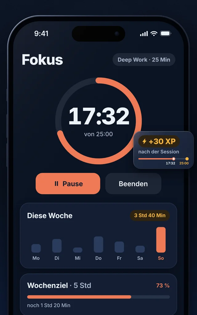 Fokus-Timer mit laufender Session, Wochenbalken und Wochenziel