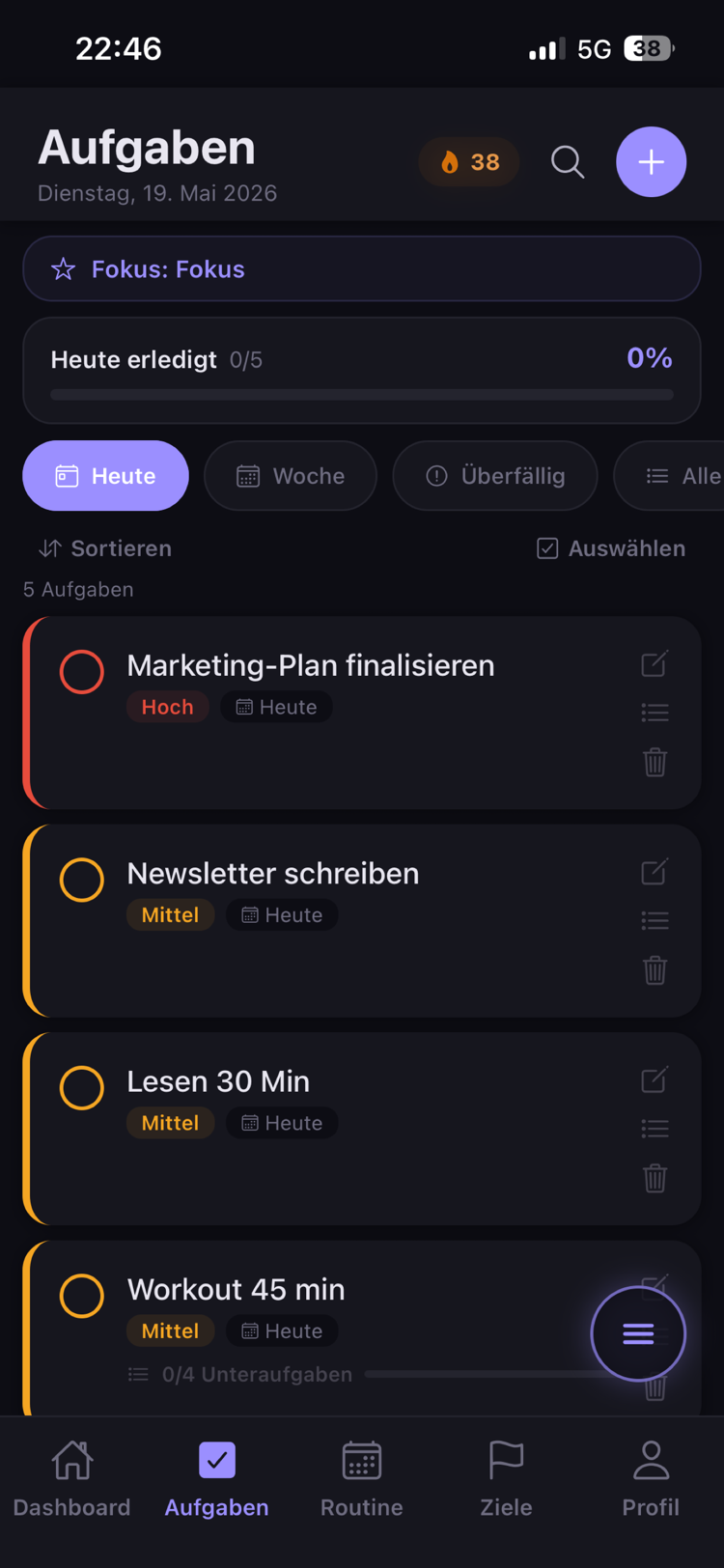 Level Up Aufgaben mit Priorität und Heute-Filter