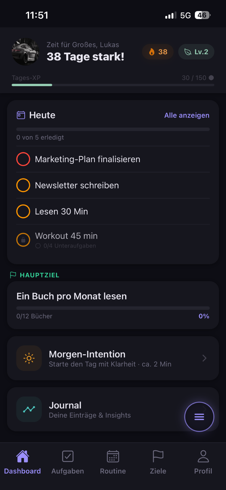 Level Up Dashboard mit Streak und Tagesübersicht