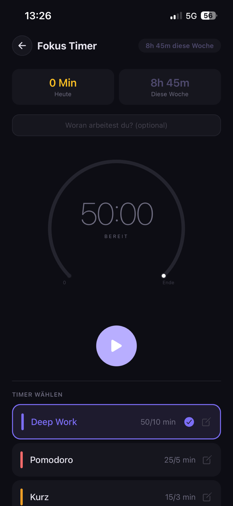 Level Up Fokuszeit mit laufendem Pomodoro-Timer